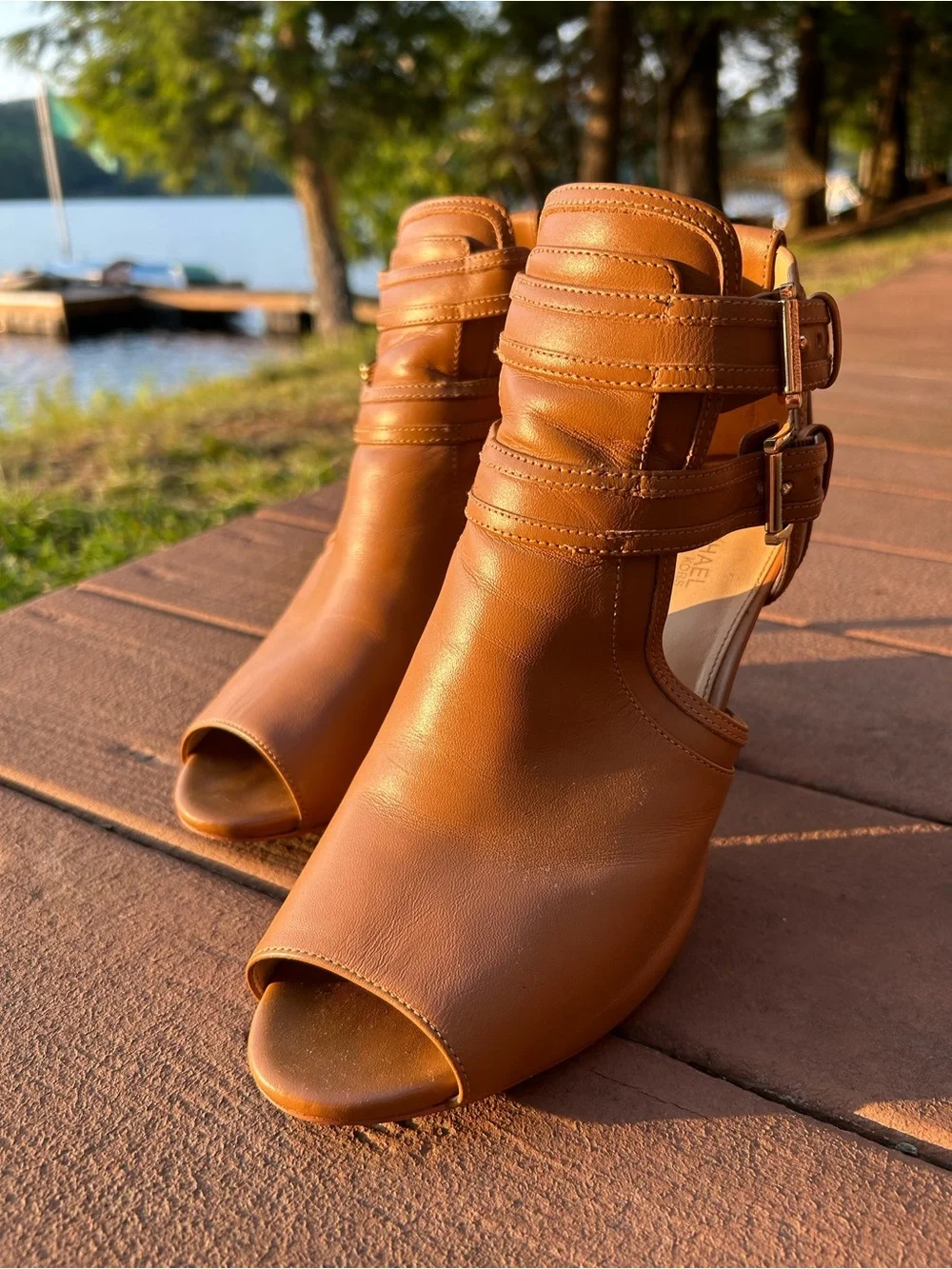 Women's Michael Kors Tan Leather Peep-Toe Heels with Buckle Straps